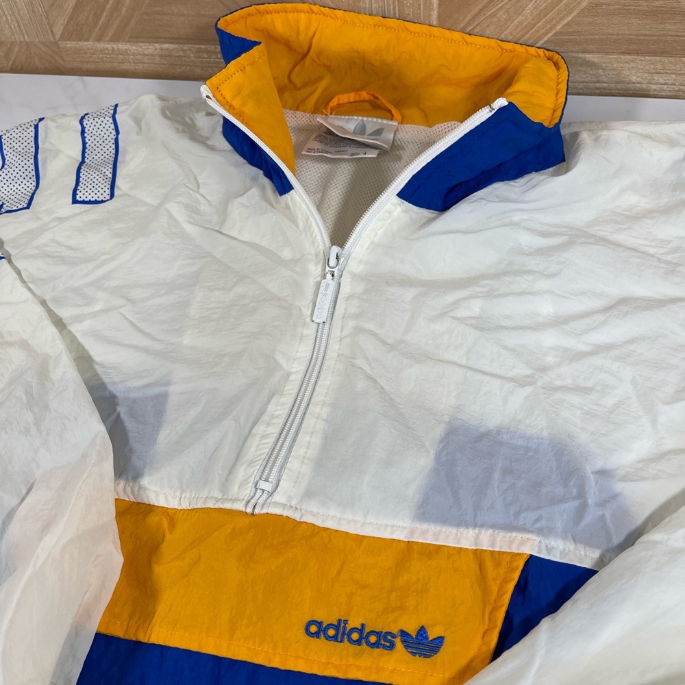 Vintage Adidas Jacket Men XL 1/4 Zip Hooded Coat Blue Yellow With Zipper Hood